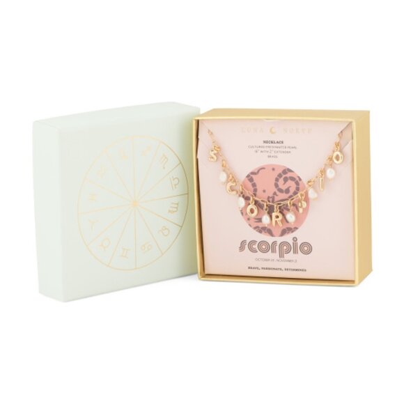 NWT LUNA NORTE Scorpio Gold Tone Astrological Pearl Letter Necklace w/ Gift Box - Picture 3 of 6